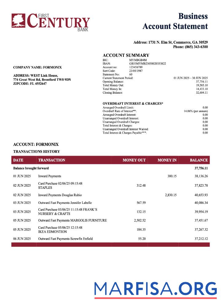 Printable USA First Century enterprise account statement Word and PDF template